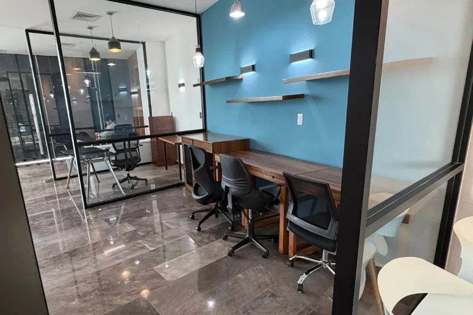 Área de trabajo privada con escritorios de madera tzalam